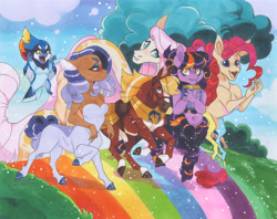 Size: 1024x811 | Tagged: safe, artist:frozensoulpony, applejack, fluttershy, pinkie pie, rainbow dash, rarity, twilight sparkle, bird, centaur, horse, taur, g4, birdified, centaur pie, centaur twilight, centaurified, centaurity, centaurshy, centaurworld, crossover, mane six, species swap