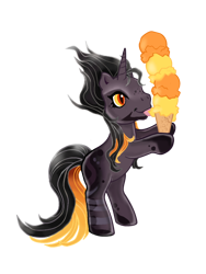 Size: 600x800 | Tagged: safe, artist:vernorexia, oc, oc:dimness ashes, pony, unicorn, g3, g4, beard, bipedal, black coat, black mane, commission, eating, facial hair, food, g4 to g3, generation leap, ice cream, ice cream cone, licking, male, markings, multicolored mane, red eyes, simple background, slit pupils, solo, spotted, stallion, standing, tongue out, transparent background, ych result, yellow eyes