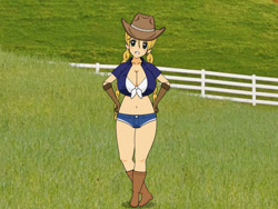Size: 800x600 | Tagged: safe, applejack, human, g4, big breasts, boots, breasts, busty applejack, cleavage, clothes, cowboy boots, cowboy hat, daisy dukes, farm, fence, gloves, grass, hat, huge breasts, humanized, kisekae, looking at you, pants, shirt, shoes, shorts, smiling, smiling at you, solo, vest