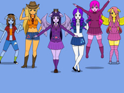 Size: 800x600 | Tagged: safe, applejack, fluttershy, pinkie pie, rainbow dash, rarity, twilight sparkle, human, g4, blue background, boots, clothes, cowboy boots, cowboy hat, crown, cutie mark on clothes, dress, gloves, hat, high heel boots, horn, horned humanization, humanized, jewelry, kisekae, mane six, necktie, pants, regalia, shirt, shoes, shorts, simple background, skirt, socks, striped socks, tiara, vest, winged humanization, wings