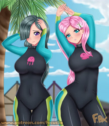 Size: 2953x3425 | Tagged: safe, artist:focusb, fluttershy, marble pie, human, g4, blushing, breasts, busty fluttershy, busty marble pie, clothes, clothes swap, cloud, duo, duo female, equestria girls outfit, female, fluttershy's wetsuit, hair over one eye, high res, human coloration, humanized, legs together, looking at you, palm tree, patreon, sexy, sky, swimsuit swap, tree, url, watermark, wetsuit