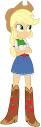 Size: 442x1340 | Tagged: safe, artist:rupahrusyaidi, applejack, human, equestria girls, g4, applejack's skirt, belt, boots, clothes, cowboy boots, cowboy hat, cowgirl, crossed arms, cutie mark on clothes, denim skirt, hat, high heel boots, shirt, shoes, simple background, skirt, solo, stetson, transparent background