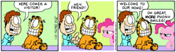 Size: 600x178 | Tagged: safe, pinkie pie, cat, earth pony, human, pony, g4, comic, female, garfield, garfield (character), grin, jon arbuckle, male, mare, smiling, square root of minus garfield