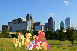 Size: 1920x1272 | Tagged: safe, artist:mlplover94, apple bloom, applejack, big macintosh, braeburn, scootaloo, sweetie belle, earth pony, pony, bow, clothes, cowboy hat, cutie mark crusaders, dallas, female, filly, foal, hat, irl, male, mare, open mouth, photo, ponies in real life, smiling, stallion, texas, vest