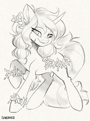 Size: 2048x2732 | Tagged: safe, artist:kez, oc, oc only, oc:absolvia, pony, unicorn, black and white, eye clipping through hair, eyebrows, eyebrows visible through hair, female, flower, garland, grayscale, high res, horn, looking at you, mare, monochrome, raised hoof, signature, smiling, smiling at you, solo, traditional art, unicorn oc