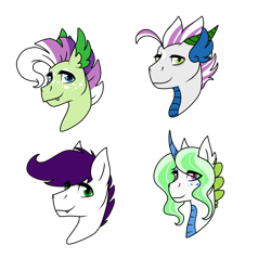Size: 1000x950 | Tagged: safe, artist:katpocketmonster, oc, oc only, dracony, hybrid, bust, ear fins, eye clipping through hair, fangs, female, freckles, horn, interspecies offspring, male, offspring, parent:rarity, parent:spike, parents:sparity, siblings, simple background, transparent background