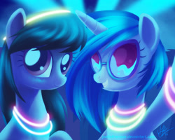 Size: 1800x1440 | Tagged: safe, artist:joellethenose, dj pon-3, octavia melody, vinyl scratch, earth pony, pony, unicorn, g4, club, female, glowstick, grin, lights, looking at you, mare, raised hoof, selfie, signature, smiling, sunglasses