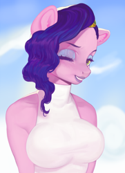 Size: 788x1090 | Tagged: safe, artist:dnovaa, pipp petals, anthro, g5, breasts, busty pipp petals, female, grin, lipstick, looking at you, makeup, one eye closed, smiling, solo, wingless, wingless anthro, wink, winking at you
