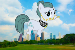 Size: 1355x900 | Tagged: safe, artist:thegiantponyfan, cloudy quartz, earth pony, pony, g4, female, giant pony, giant/macro earth pony, giantess, glasses, highrise ponies, houston, irl, looking at you, macro, mare, mega giant, photo, ponies in real life, smiling, solo, texas
