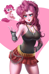 Size: 2236x3392 | Tagged: source needed, safe, artist:zzugguri, pinkie pie, earth pony, human, pony, equestria girls, g4, bare shoulders, breasts, busty pinkie pie, chains, choker, clothes, detached sleeves, ear piercing, earring, high res, jewelry, necklace, peace sign, piercing, punk, punkie pie, raspberry, skirt, skull necklace, sleeveless, tank top, tongue out, tongue piercing