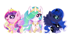 Size: 2969x1640 | Tagged: safe, artist:flyingsosser, princess cadance, princess celestia, princess luna, alicorn, pony, g4, alicorn triarchy, chibi, cute, cutedance, cutelestia, female, hair over one eye, looking at you, lunabetes, mare, outline, simple background, sitting, smiling, spread wings, transparent background, trio, white outline, wings