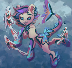 Size: 1280x1208 | Tagged: safe, artist:karollinch, oc, oc only, fish, hybrid, merpony, bubble, ear fluff, fins, fish tail, flowing mane, flowing tail, jewelry, koi pony, necklace, ocean, open mouth, smiling, solo, swimming, tail, teeth, underwater, water
