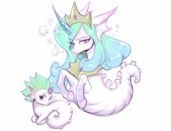 Size: 2803x2139 | Tagged: safe, artist:noupie, princess celestia, oc, hybrid, sea pony, seapony (g4), unicorn, angry, bubble, crown, curved horn, female, flowing mane, green mane, horn, jewelry, looking at you, mare, momlestia, peytral, pink eyes, regalia, sad, seaponified, seapony celestia, simple background, species swap, teeth, white background
