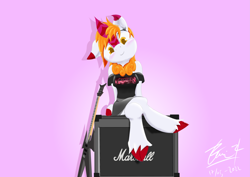 Size: 4093x2894 | Tagged: safe, artist:dianetgx, oc, oc only, oc:karenina senna, kirin, semi-anthro, amplifier, arm behind back, arm hooves, beast v, clothes, crossed legs, electric guitar, female, floppy ears, guitar, halter top, heavy metal, high res, kirin oc, leaning, looking at you, marshall, metallica, musical instrument, pink background, signature, simple background, sitting, skirt, smiling, smiling at you, solo