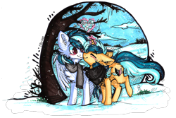 Size: 1688x1127 | Tagged: safe, artist:tay-niko-yanuciq, oc, oc only, pegasus, pony, unicorn, chest fluff, clothes, duo, glowing, glowing horn, horn, magic, outdoors, pegasus oc, scarf, simple background, snow, telekinesis, transparent background, unicorn oc