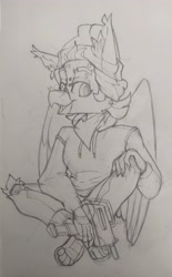 Size: 2480x4000 | Tagged: safe, artist:xasslash, oc, oc only, oc:flynn the icecold, griffon, anthro, bandana, beanie, clothes, hat, hoodie, male, micro uzi, paw sneakers, photo, piercing, sketch, solo, traditional art
