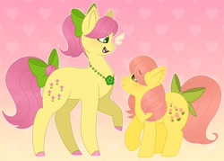 Size: 1724x1234 | Tagged: safe, artist:fluffytrashbin, posey, posey (g5), earth pony, pony, g1, g5, bow, duo, duo female, female, gradient background, hair bow, heart, heart background, jewelry, looking at each other, looking at someone, mare, necklace, open mouth, open smile, ponytail, raised hoof, smiling, tail, tail bow