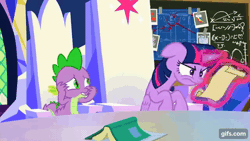 Size: 640x360 | Tagged: safe, screencap, spike, twilight sparkle, alicorn, dragon, pony, g4, season 9, sparkle's seven, animated, belly, chalkboard, duo, eyes closed, female, floppy ears, gif, gifs.com, magic, male, mare, oh come on, open mouth, telekinesis, twilight sparkle (alicorn), twilight's castle, winged spike, wings