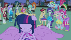 Size: 3410x1920 | Tagged: safe, screencap, applejack, aqua blossom, blueberry cake, captain planet, curly winds, fluttershy, golden hazel, micro chips, nolan north, paisley, pinkie pie, rainbow dash, rarity, rose heart, roseluck, scott green, some blue guy, spike, tennis match, twilight sparkle, dog, human, equestria girls, g4, my little pony equestria girls, :p, bare shoulders, belt, big crown thingy, boots, canterlot high, clothes, cowboy boots, cowboy hat, cutie mark on clothes, element of magic, eyes closed, fall formal outfits, female, fingerless gloves, flying, glasses, gloves, hairpin, hat, humane five, humane six, jewelry, male, microphone, night, open mouth, open smile, ponied up, regalia, shoes, sleeveless, smiling, spike the dog, spread wings, strapless, tongue out, twilight ball dress, wings