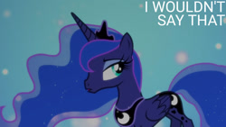 Size: 1280x720 | Tagged: safe, edit, edited screencap, editor:quoterific, screencap, princess luna, alicorn, pony, bloom & gloom, g4, season 5, crown, ethereal mane, ethereal tail, female, jewelry, mare, open mouth, regalia, slender, solo, starry mane, starry tail, tail, text, thin