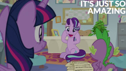 Size: 1280x720 | Tagged: safe, edit, edited screencap, editor:quoterific, screencap, phyllis, spike, starlight glimmer, twilight sparkle, alicorn, dragon, pony, unicorn, a horse shoe-in, g4, season 9, female, male, mare, open mouth, open smile, school of friendship, smiling, starlight's office, text, twilight sparkle (alicorn), winged spike, wings