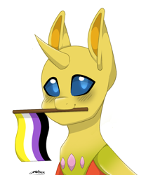 Size: 1107x1268 | Tagged: safe, artist:melodytheartpony, oc, oc only, oc:ren the changeling, changedling, changeling, blushing, commission, cute, happy, horn, mouth hold, nonbinary, nonbinary pride flag, pride, pride flag, pride month, signature, simple background, solo, white background, wings, wings down, ych result, yellow changeling