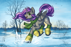 Size: 3047x2019 | Tagged: safe, artist:amishy, artist:eltaile, oc, oc only, oc:astral wind, alicorn, pony, boots, clothes, collaboration, commission, detailed background, equine, female, happy, high res, jumping, looking at you, mare, open mouth, puddle, scarf, shoes, smiling, snow, socks, solo, splash, spring, striped scarf, striped socks, tree, water, your character here