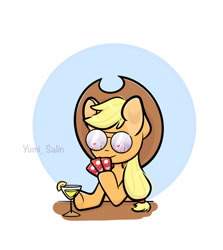 Size: 1280x1434 | Tagged: safe, artist:yumiy_salin, applejack, earth pony, alcohol, card, cocktail, drink, female, glasses, hat, mare, poker, silly, simple background, solo