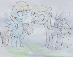 Size: 1716x1329 | Tagged: safe, artist:mandumustbasukanemen, derpy hooves, rainbow dash, pegasus, pony, g4, duo, duo female, eating, female, flower, herbivore, horses doing horse things, mare, the tax breaks, traditional art
