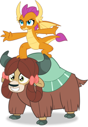 Size: 2083x3001 | Tagged: safe, artist:frownfactory, smolder, yona, dragon, yak, g4, bow, cloven hooves, dragon knight series, dragoness, duo, female, hair bow, high res, horns, monkey swings, part of a series, riding, riding a yak, simple background, smiling, smolder riding yona, transparent background, vector, wings