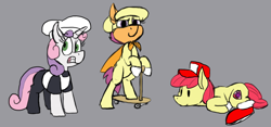 Size: 1208x565 | Tagged: safe, alternate version, artist:thebathwaterhero, apple bloom, scootaloo, sweetie belle, earth pony, pony, unicorn, g4, clothes, cosplay, costume, crossover, cutie mark crusaders, female, filly, foal, gray background, peppino spaghetti, pizza tower, simple background, snick, the noise, trio