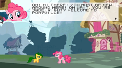 Size: 1920x1080 | Tagged: safe, pinkie pie, oc, oc:jade, earth pony, pegasus, pony, g4, dialogue, female, filly, foal, game, mare, ponyville, smiling, super filly adventure, text, youtube link
