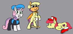 Size: 1208x565 | Tagged: safe, alternate version, artist:thebathwaterhero, apple bloom, scootaloo, sweetie belle, earth pony, pony, unicorn, g4, bipedal, clothes, cosplay, costume, crossover, cutie mark crusaders, female, filly, foal, gray background, peppino spaghetti, pizza tower, simple background, snick, the noise, trio