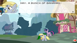 Size: 1920x1080 | Tagged: safe, derpy hooves, twilight sparkle, oc, oc:jade, pegasus, pony, unicorn, g4, banana, derp, dialogue, female, filly, foal, food, game, mare, ponyville, smiling, super filly adventure, text, unicorn twilight, youtube link