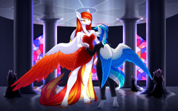 Size: 1536x960 | Tagged: safe, artist:scarlet-spectrum, oc, oc only, oc:diamond sun, oc:hawker hurricane, pegasus, anthro, unguligrade anthro, breasts, cleavage, clothes, colored wings, commission, dancing, dress, duo focus, female, hawkmond, larger female, male, mare, size difference, stallion, suit, two toned wings, wings