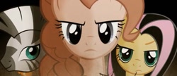 Size: 1280x555 | Tagged: safe, artist:poowis, fluttershy, pinkie pie, zecora, earth pony, pegasus, pony, zebra, angry, emoshy, female, fluttershy is not amused, frown, mare, neck rings, pinkie pie is not amused, smiling, trio, unamused, when she doesn't smile, youtube link