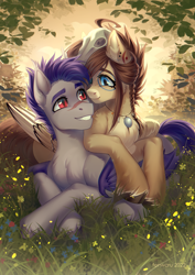 Size: 2480x3507 | Tagged: safe, artist:fenwaru, oc, oc:ondrea, oc:thunder run, bat pony, pegasus, pony, blue eyes, couple, cuddling, cute, flower, forest, grass, high res, looking at each other, looking at someone, lying down, lying on top of someone, markings, prone, red eyes, skull