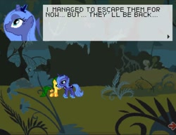 Size: 1044x800 | Tagged: safe, princess luna, oc, oc:jade, alicorn, pegasus, pony, g4, crown, dialogue, everfree forest, eyelashes, female, filly, foal, forest, game, horn, jewelry, mare, regalia, super filly adventure, text, wings, youtube link