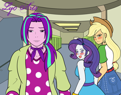 Size: 2000x1564 | Tagged: safe, alternate version, artist:linedraweer, aria blaze, human, equestria girls, g4, bisexual, blushing, commission, distracted, distracted boyfriend meme, equestria guys, female, half r63 shipping, happy, heart eyes, lesbian, looking back, male, meme, no eyelashes, open mouth, open smile, ouvertis grandioso, ponytail, rarity peplum dress, rule 63, school, ship:ouverity, shipping, smiling, straight, textless version, trio, wingding eyes
