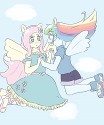Size: 2508x3009 | Tagged: safe, artist:nemucure, fluttershy, rainbow dash, human, equestria girls, g4, blue background, clothes, cloud, duo, duo female, eyelashes, female, high res, lesbian, looking at each other, looking at someone, ship:flutterdash, shipping, simple background, wings