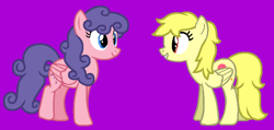 Size: 781x373 | Tagged: safe, artist:jigglewiggleinthepigglywiggle, lofty, north star (g1), pegasus, pony, g1, g4, base used, best friends, blue eyes, curly hair, curly mane, curly tail, cute, duo, eyelashes, female, folded wings, friends, full body, g1 northabetes, g1 to g4, generation leap, hooves, lesbian, loftybetes, loftystar, mare, purple background, purple hair, purple mane, purple tail, red eyes, shipping, simple background, smiling, standing, straight hair, straight mane, straight tail, tail, talking, wings, yellow hair, yellow mane, yellow tail