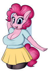 Size: 2113x3240 | Tagged: safe, artist:andelai, pinkie pie, earth pony, anthro, g4, arm behind head, big breasts, breasts, busty pinkie pie, cleavage, clothes, eyelashes, female, happy, high res, open mouth, open smile, pantyhose, simple background, skirt, smiling, solo, white background