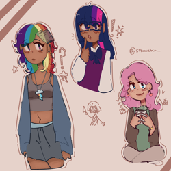 Size: 3600x3600 | Tagged: safe, artist:thebiggestkid, fluttershy, rainbow dash, twilight sparkle, human, g4, alternate hairstyle, bowtie, bracelet, clothes, coffee, dark skin, ear piercing, earring, exclamation point, glasses, high res, humanized, jewelry, mug, necklace, piercing, question mark, ring, shirt, shorts, socks, sweater, tank top, trio, vest