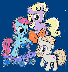 Size: 1715x1836 | Tagged: safe, artist:ameliatherockstargirl67, edit, baby cuddles, baby lofty, dinky hooves, earth pony, pegasus, pony, unicorn, g1, g4, 1000 hours in ms paint, alternate cutie mark crusaders, alternate universe, baby, baby cuddles (pegasus), baby lofty (earth pony), baby loftybetes, baby pony, blue background, bow, coloring page, cuddlebetes, cute, dinkabetes, eyelashes, female, filly, foal, g1 to g4, generation leap, generations, orange bow, race swap, raised hoof, raised leg, scooter, simple background, smiling, trio
