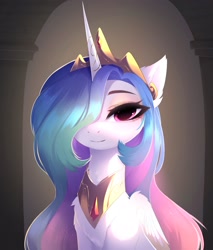 Size: 2202x2580 | Tagged: safe, artist:magnaluna, princess celestia, alicorn, pony, archway, bust, crown, eyebrows, eyelashes, female, hair over one eye, high res, jewelry, looking at you, mare, peytral, portrait, regalia, smiling, smiling at you, solo, sparkly hair, sparkly mane