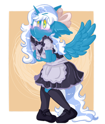 Size: 1280x1520 | Tagged: safe, artist:stinkygooby, oc, oc:fleurbelle, alicorn, anthro, alicorn oc, apron, blushing, bow, clothes, female, hair bow, horn, maid, mare, shoes, wings, yellow eyes
