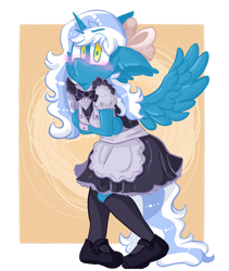 Size: 1280x1520 | Tagged: safe, artist:stinkygooby, oc, oc:fleurbelle, alicorn, anthro, alicorn oc, apron, blushing, bow, clothes, commission, female, hair bow, horn, maid, mare, shoes, solo, wings, ych result, yellow eyes