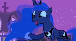 Size: 1280x701 | Tagged: safe, screencap, princess luna, alicorn, pony, luna eclipsed, season 2, clothes, crown, female, horn, jewelry, mare, moon, night, open mouth, open smile, regalia, shoes, smiling, sparkles, stars, wings, youtube link