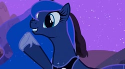 Size: 1280x703 | Tagged: safe, screencap, princess luna, alicorn, pony, luna eclipsed, season 2, clothes, crown, female, jewelry, mare, moon, night, regalia, shoes, smiling, sparkles, stars, the fun has been doubled, youtube link
