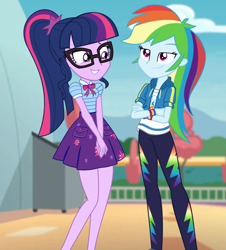 Size: 1736x1920 | Tagged: safe, artist:3d4d, artist:alandssparkle, artist:invisibleink, edit, vector edit, rainbow dash, sci-twi, twilight sparkle, human, equestria girls, g4, clothes, crossed arms, duo, duo female, female, glasses, grin, lesbian, pants, ship:twidash, shipping, skirt, smiling, smirk, smug, vector